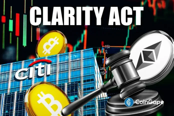 Citigroup slashes its price targets for Bitcoin and Ethereum, sparking caution amid slow crypto regulatory progress in the United States. The Wall Street giant claims delays in passing the CLARITY Act would keep spot ETF inflows and broader institutional adoption on the bay. Citigroup Lowers Bitcoin and Ethereum Price Targets Citigroup has revised its forecasts
The post <a href="https://coingape.com/citigroup-cuts-bitcoin-and-ethereum-price-targets-amid-clarity-act-delays/">Breaking: Citigroup Cuts Bitcoin and Ethereum Price Targets amid CLARITY Act Delays</a> appeared first on <a href="https://coingape.com/">CoinGape</a>.